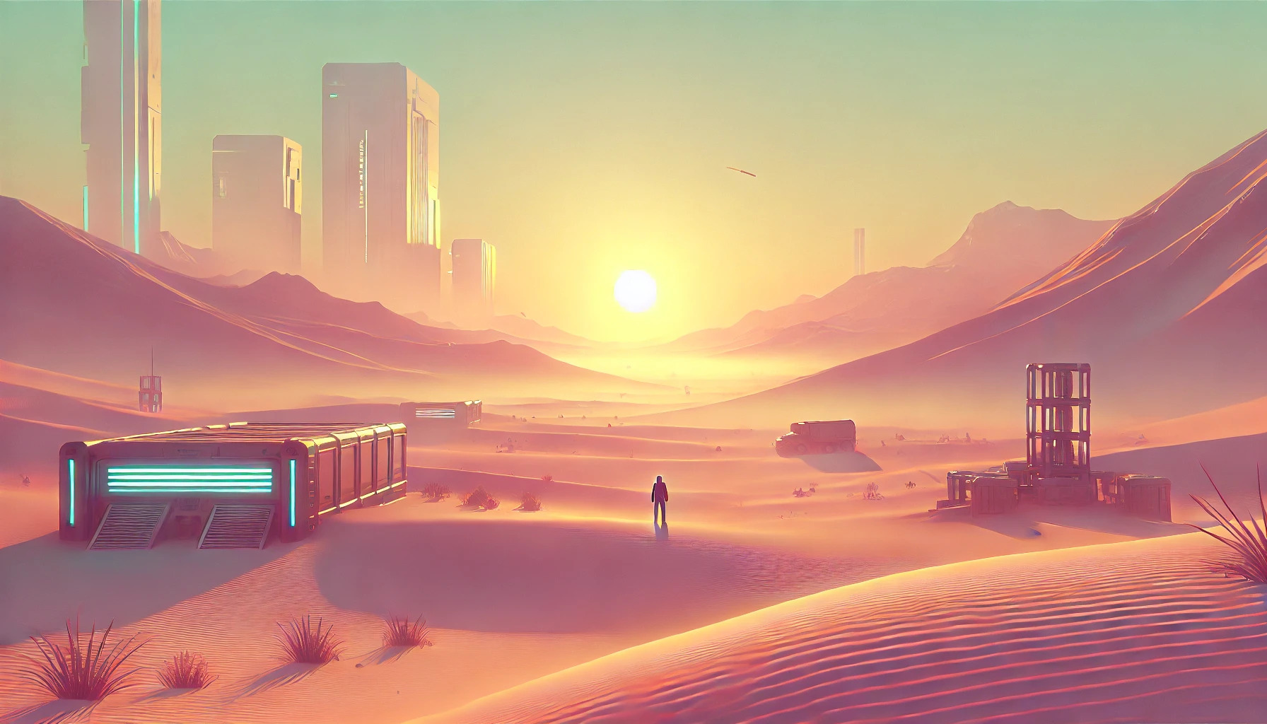 DALL·E 2024 08 03 13.48.40   A lofi sci fi art style image featuring a serene desert landscape with futuristic elements. The scene includes soft, pastel colors with a hazy sky and